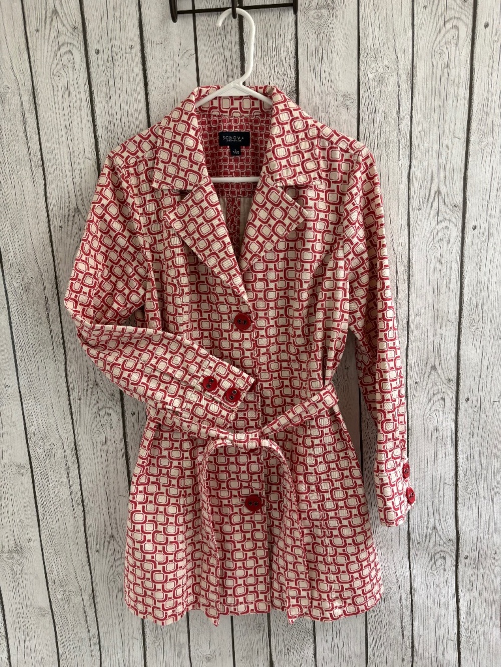 Sonoma Life + Style Red and White Geometric Trench Coat